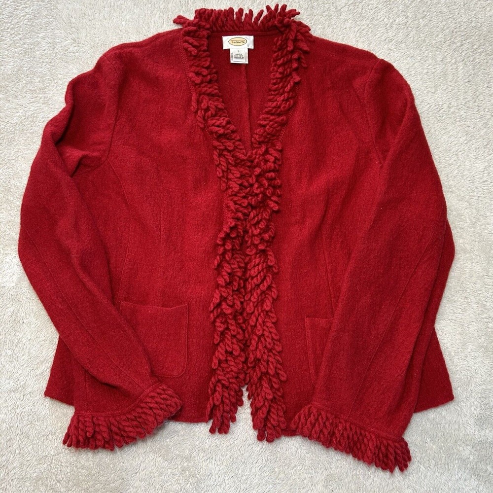 Talbots Vintage Red Wool Cardigan Sweater Large Yarn Fringe Christmas Open Front